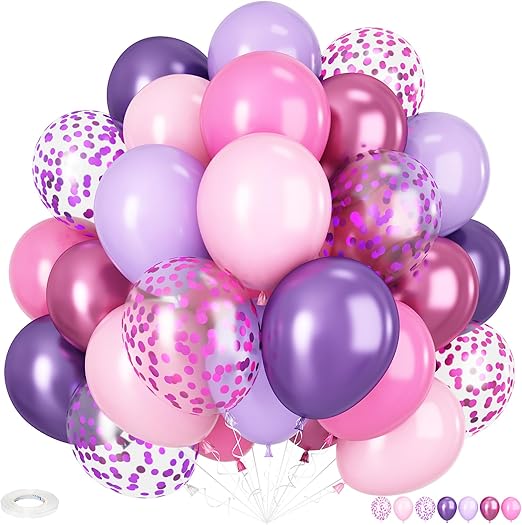 Pink and Purple Balloons, 12 Inch Pastel Purple and Pink Balloons Metallic Pink Purple Confetti Balloon Set with Ribbon for Girls Birthday Baby Shower Wedding Anniversary Engagement Party Decorations
