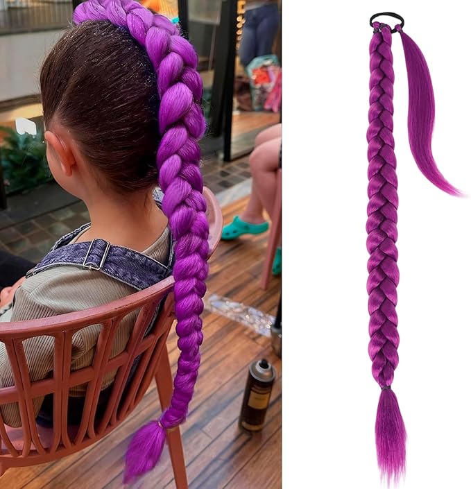 Rumi Hair, 26 Inch Long Purple Braid Ponytail Extensions Pre Stretched Purple Hair Extensions for Braids Easy Clip in Ponytail for Cosplay Halloween Costume (Box Ponytail)