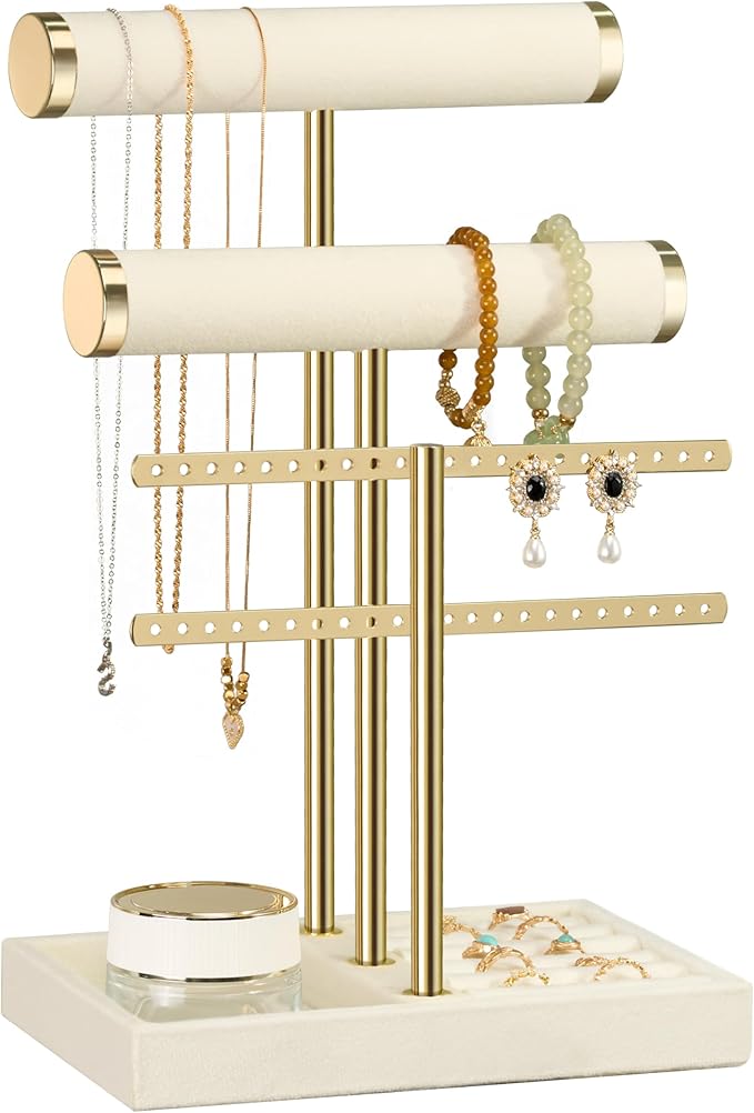 3 Tier Bracelet Holder Display - Detachable T Bar Beige Velvet Bracelet Holder, Jewelry Holder Organizer for Bracelet, Necklace, Watches, Rings