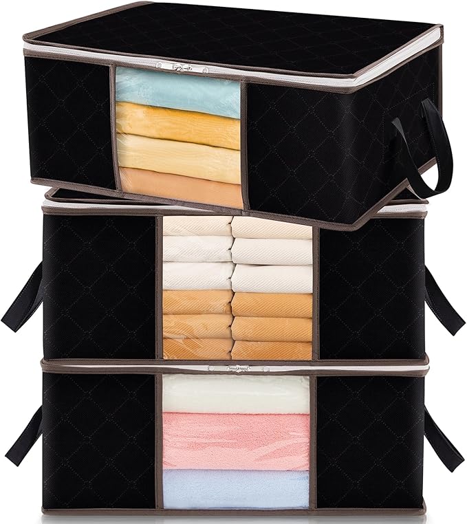 Lifewit 35L Clothes Storage Bag Foldable Storage Boxes with Lids Underbed Wardrobe Storage Organiser with Sturdy Fabric Clear Window for Clothing Bedding Sweaters T-shirts Blankets, 3 Pack, Black