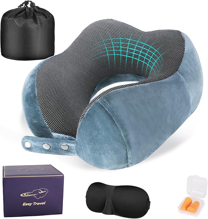 Travel Pillow for Airplane, Neck Pillow for Travel, Memory Foam Travels Neck Pillow for Adults, Adjustable & Compact Flight Pillow, Ergonomic Neck Cushion, With Ear Plugs, Eye Mask, Carry Bag