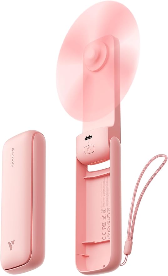 Aecooly Slim Portable Fan, Thin Handheld Fan, USB Rechargeable Mini Personal [24H Max Cooling Time], Battery Powered Small Foldable Pocket for Travel, Summer, Gifts for Women, Girls -Pink