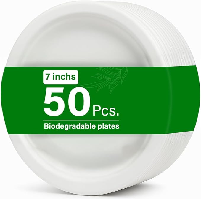50 Pack 7 Inch Extra Strong Bagasse Plates Made From 100% Natural Sugarcane Fibre Compostable And Biodegradable Eco Friendly Plates, Oil And Cut Resistant, Perfect For Parties And Picnics