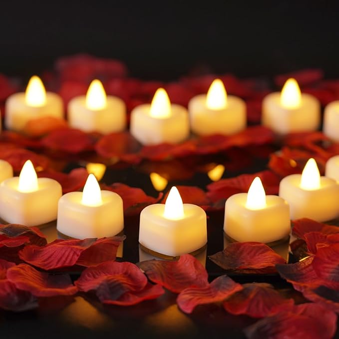 Homemory Flameless Battery Tealight Romantic Heart LED Love Bright Flicker Fake Candle, Valentine's Day, Anniversary Wedding Table Decor, Warm White 12pack (Including Artificial Rose Petals)[Energy Class A]