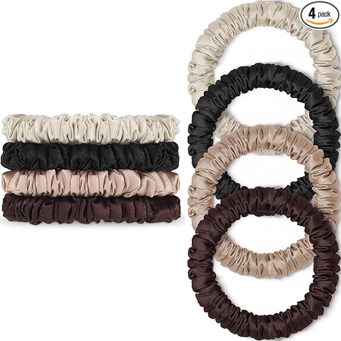 Scrunchies Hair Ties Silk Satin Scrunchy, WantGor Women 4PC Pure Mulberry Silk Skinny Elastic Scrunchies Hair Bands Bracelets Ponytail Holders Hair Accessories (Black,Brown,Champagne,Apricot)