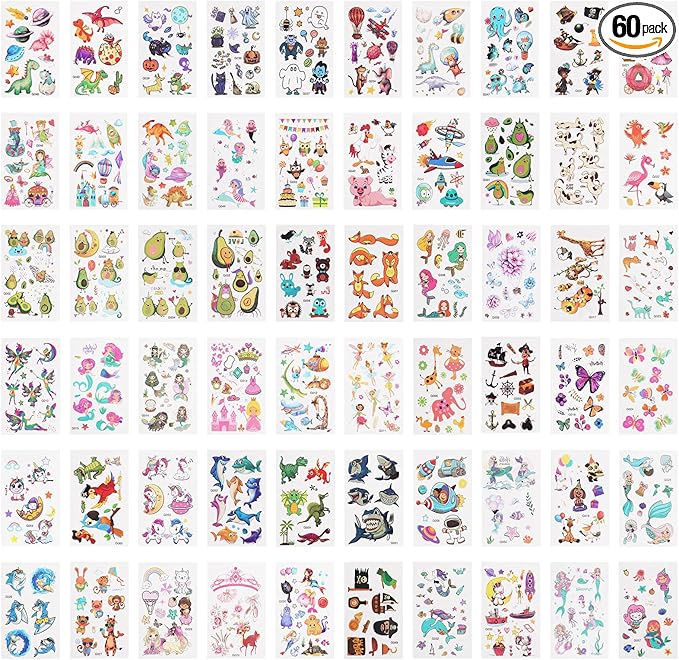 ACWOO Temporary Tattoo for Kids, 60 Sheets Mermaid Animal Dinosaur Cartoon Tattoo Stickers, Waterproof Cartoon Fake Tattoo Stickers Set for Boys Girls Birthday Gift Party Bag Filler