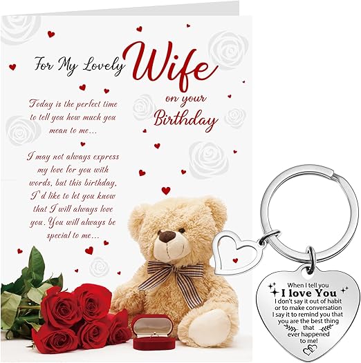 Faccito Wife Birthday Card from Husband Happy Birthday to My Wife Card Anniversary Greeting Gifts with White Envelope I Love You Keychain Set for Her Women (One Bear)