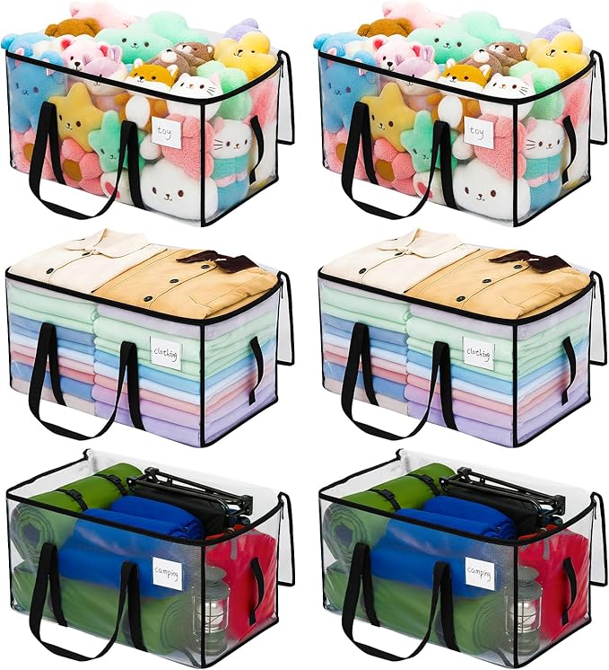 6 Pack Large Clothes Storage Bags with Lids Transparent Moving Bags Heavy Duty Moving Boxes with Zips for Christmas Decoration Clothes Bedding Duvet Toys Storage