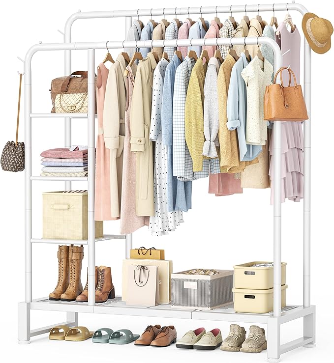 HOMIDEC Clothes Rail,Double Rail Clothes Rack with 4 Storage Shelves,Heavy Duty Metal Clothing Rail Supports to 80kg,Multifunctional Clothes Storage for Bedroom,Office,Shop(White).