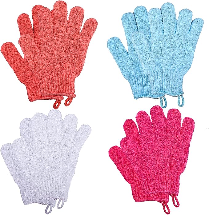 8 PCS Exfoliating Gloves, Bamboo Exfoliator Mitt, Body Exfoliating Wash Glove Dead Skin Remover Shower Body Scrub Gloves for Adults and Kids, Ingrown(Blue, White, Pink, Orange)