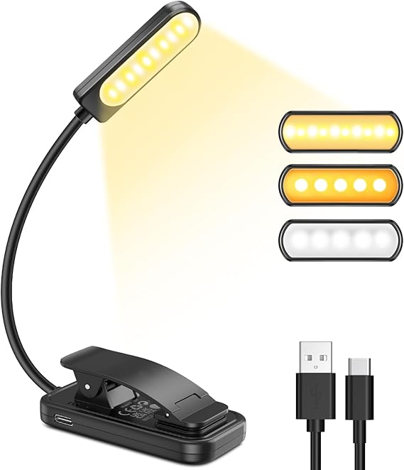 Book Light, 10 LED Dimmable Reading Light Clip on Book, Long Life Battery, Rechargeable Clip on Reading Light with 3 Brightness Modes (Warm&White&Mixed) for Reading, Bedside, Travel, Tablet[Energy Class A]