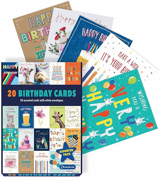 Piccadilly Greetings Box of assorted Birthday Cards Multipack | Birthday Cards pack of 20 | 5x7 inches | Includes 20 unique colourful designs, with white envelopes, suitable for all ages and genders.