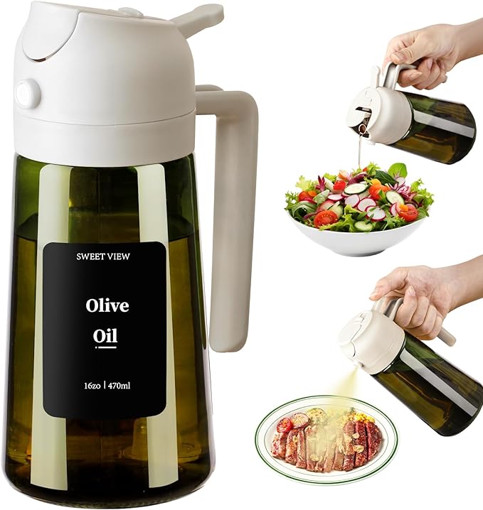 Olive Oil Dispenser and Sprayer – 16oz/470ml Glass Light-Proof Pour Bottle, Kitchen Gadgets Accessories for Air Fryer, Cooking, Salad, and BBQ