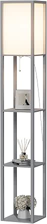 PULUOMIS Floor Lamp with Shelves, 3 Layers Wooden Shelf Standing Light, Modern Reading Lamp for Bedroom, Living Room, Office, Home Decoration (Size:26x 26x 160 cm) (Without Bulb)-Grey[Energy Class F]