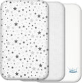 Next to Me Crib Sheets - 3pc Crib Fitted Sheet Set - 2 Fitted Cotton Sheets and 1 Waterproof Mattress Protector for Bedside Cribs - 100% Organic Cotton - Made in Europe (Grey Stars&Dots, 83x50cm)
