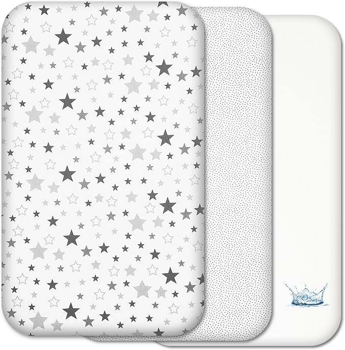 Next to Me Crib Sheets - 3pc Crib Fitted Sheet Set - 2 Fitted Cotton Sheets and 1 Waterproof Mattress Protector for Bedside Cribs - 100% Organic Cotton - Made in Europe (Grey Stars&Dots, 83x50cm)