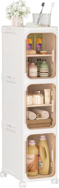 HOMIDEC Bathroom Storage, 3 Tier Narrow Bathroom Cabinet with Wheels and Removable Shelf, Slim Bathroom Storage Unit Free Standing for Toilet Roll, Towel, Shower, Light Brown