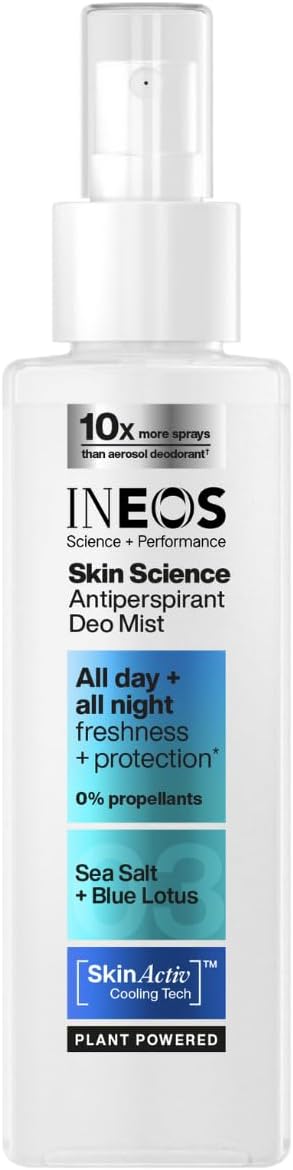 INEOS Skin Science, All Day + Night 24H Freshness + Protection Antipersprirant Deodorant Mist Spray Sea Salt + Blue Lotus, Aerosol Free + Lasts 10X Longer Than Ordinary Antiperspirant, 200ml