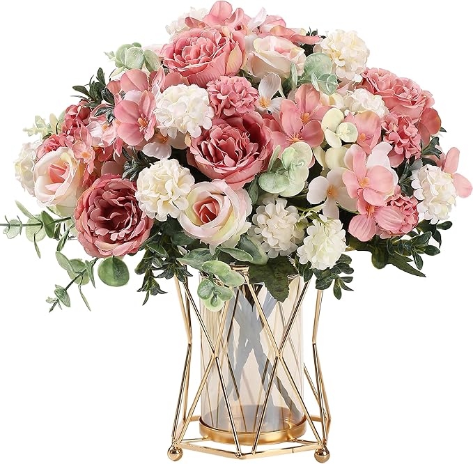 2 Bunches Artificial Roses Peonies Pink Artificial Flowers, Fake Peonies Faux Hydrangea Silk Flower Bouquet for Home Wedding Party Decoration Arrangement