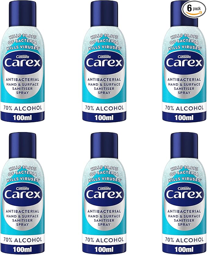 Carex Antibacterial Original Hand and Surface Santister Spray, 70 Percent Alcohol, Cleans, Cares and Protects, Bulk Buy, Pack of 6 100 ml