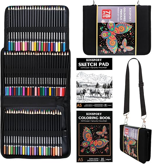 KINSPORY 78PCS Coloring Pencils with 3.0mm Soft Leads, 50-Sheet 3-Color Sketch Book, Sketching Kit with Adjustable Shoulder Strap - Art Set Gift for Adults Artists Beginners Teens Girls Boys