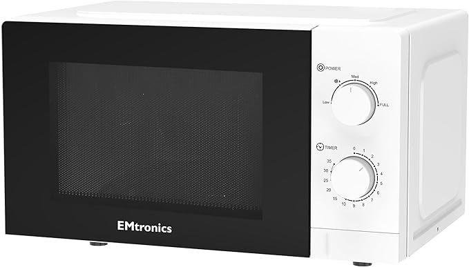 EMtronics 20 Litre 700W Manual Control Microwave with 5 Power Levels, Defrost Function, 35 Minute Timer and Cavity Light - White