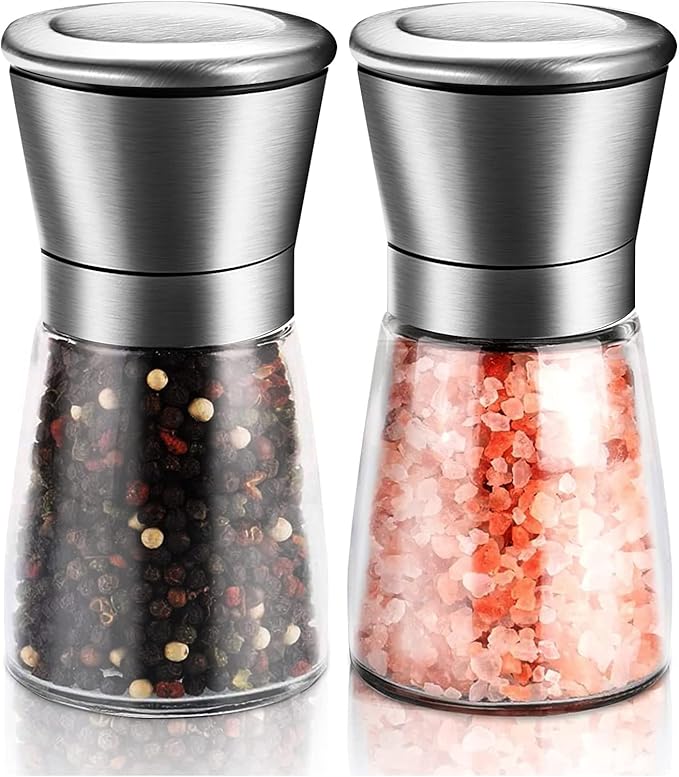 Stainless Steel Salt and Pepper Grinder, Refillable and Adjustable Coarseness Manual Pepper Mill, 5.3"x 2.5" Professional Grinder for Spices and Seeds, Fits in Home, Kitchen, Outdoor (2 Packs)