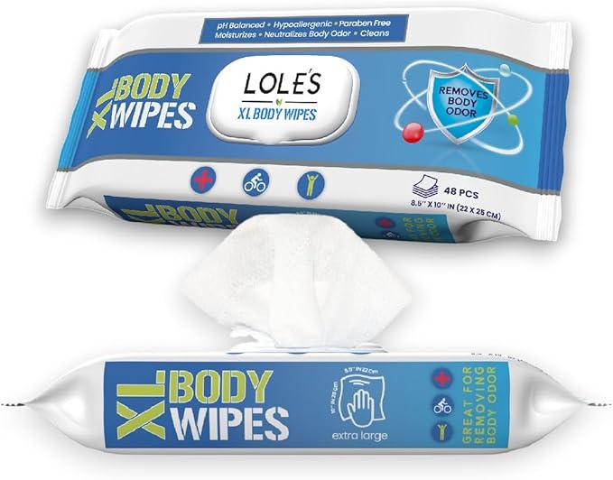 LOLE'S XL Body Wipes - Cleansing No Shower Bed Bath Wet Wipes for Adults - Large & Fresh - Ideal for Camping, Gym, Travel, Hospital (1pk x 48)