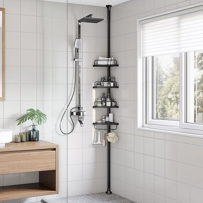 SONGMICS Shower Corner Shelf, 4-Tier Bathroom Shower Shelf, 85-305 cm Adjustable Shower Caddies, Bathroom Organiser, Black BCB001B01
