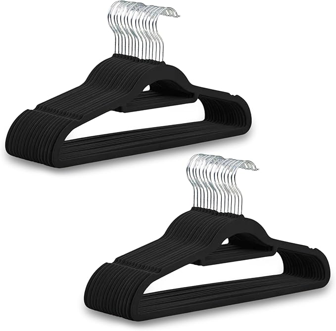 1ABOVE Premium Quality 50 pack Non-Slip Velvet Hangers (44cm) Heavy Duty Velvet Suit Hangers with Tie Bar, 360° Swivel Hooks – Space saving, sturdy to hold Jacket, Jumper & Pullover(Set of 50-BLACK)