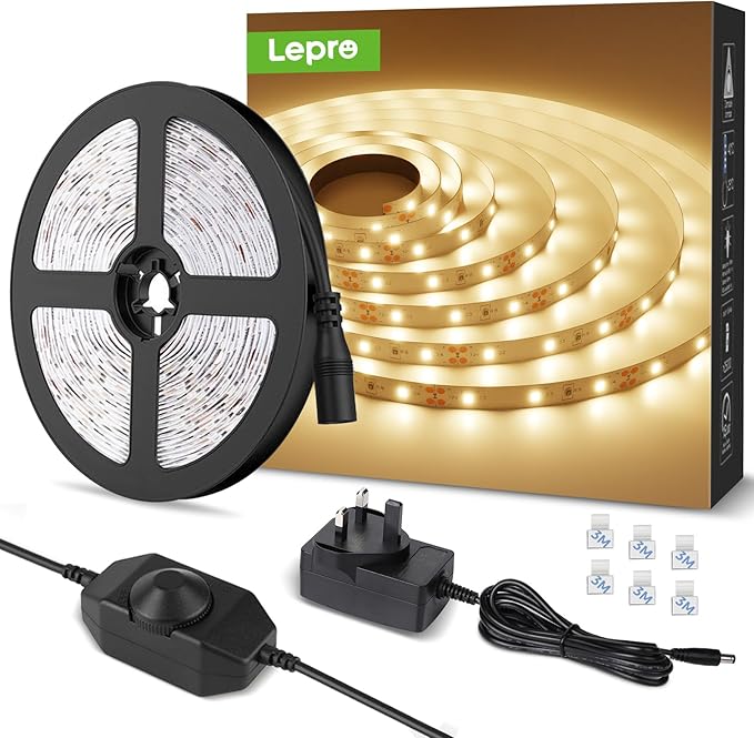 Lepro Warm White LED Strip Light 5M 300 LEDs, 1650lm Dimmable LED Tape Lights, 3000K Flexible LED Lights for Bedroom Kitchen Under Cabinet Wardrobe Stair (12V Power Plug and Dimmer Switch Included)[Energy Class G]