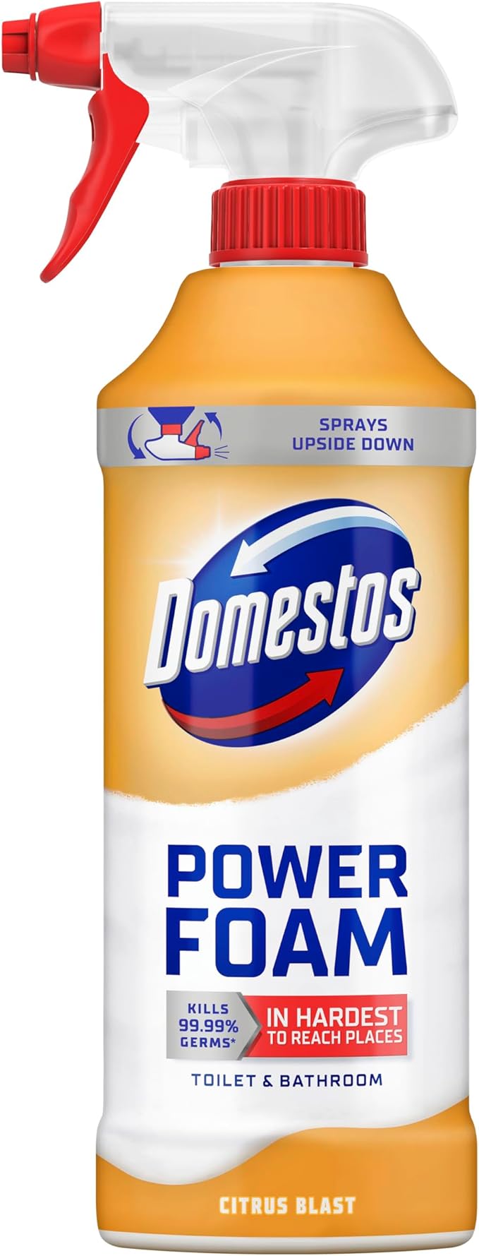 Domestos Power Foam Citrus Blast Toilet & Bathroom Cleaner Spray sprays upside down & eliminates 99.99% of germs* for cleaning inside the toilet & around the bathroom 450 ml