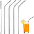 Pack of Four Stainless Steel Straws and Brush Set - Reusable Metal Milkshake Straws, Great for Smoothie, Water, Juice, Curved Silver Design