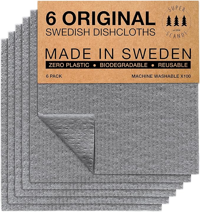 SUPERSCANDI 6 Pack Reusable Cleaning Cloths - 100% Biodegradable & Compostable Washable Swedish Dishcloth - Food-Safe & Plastic-Free Kitchen Cloth Suitable for Any Surface, Grey