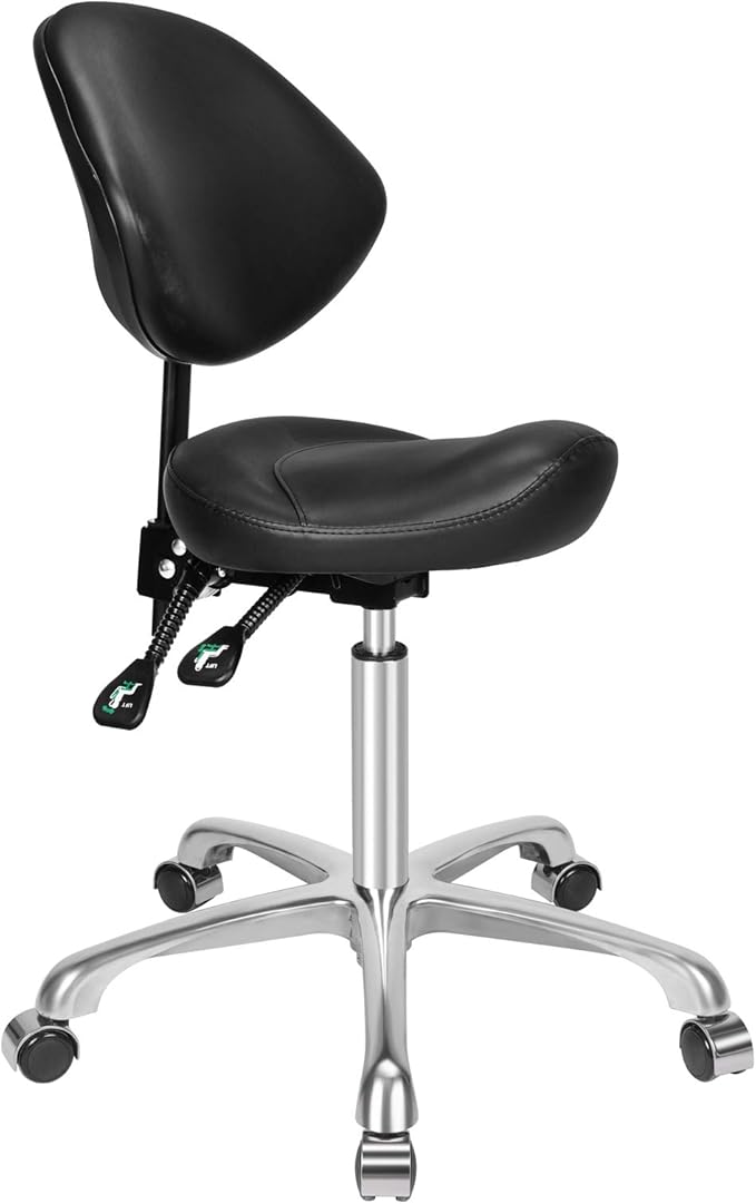 Kaleurrier Ergonomic Rolling Swivel Saddle Stool with Wheels,Hydraulic Pneumatic Lifting Height Adjustable Saddle Chair for Clinic Hair Salon Lab Kitchen Home Office (Black, With Back)