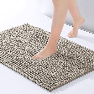 Hafaa Bath Mat Non Slip Anti Mould – Khaki Chenille Bathroom Mat 40 x 60 cm Machine Washable Bath mats Super Absorbent Extra Soft Fluffy Shower mat