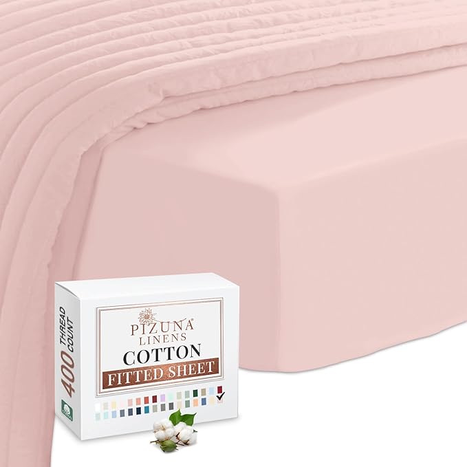 Pizuna Pure Combed Cotton Queen Fitted Sheet 160x200 cm Light Pink 400 Thread Count Cool Luxury Soft 100% Long Staple Cotton Sateen Weave 40cm Deep Pocket (1PC)