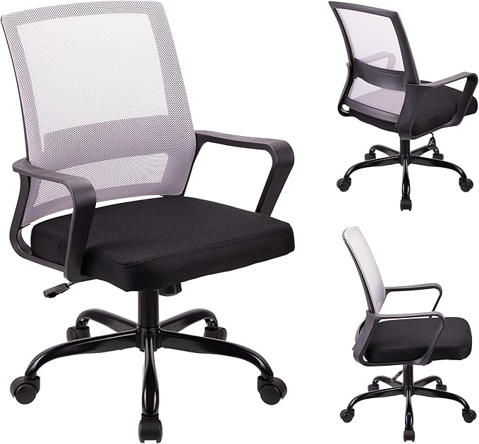 T-THREE.Adjustable office chair, ergonomic mesh swivel seat, with lumbar support, height adjustment, 360° rotation, and tilt function, mesh backrest for home office(Gray)