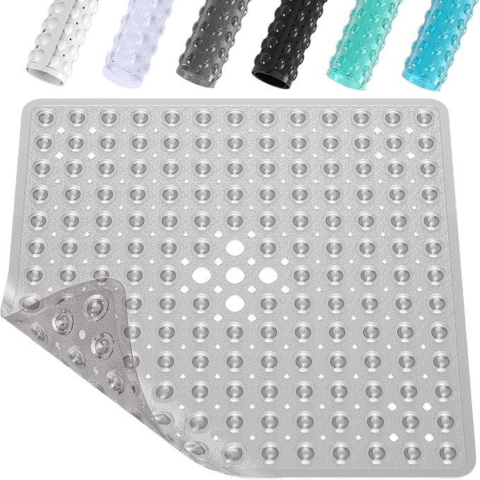 XIYUNTE Shower Mat Non Slip Anti Mould - 53 x 53cm Square Bath Mat Non Slip Shower Mats for Inside Shower, Anti Slip Shower Mat with Strong Suction Cups & Drain Holes, Machine Washable, Grey