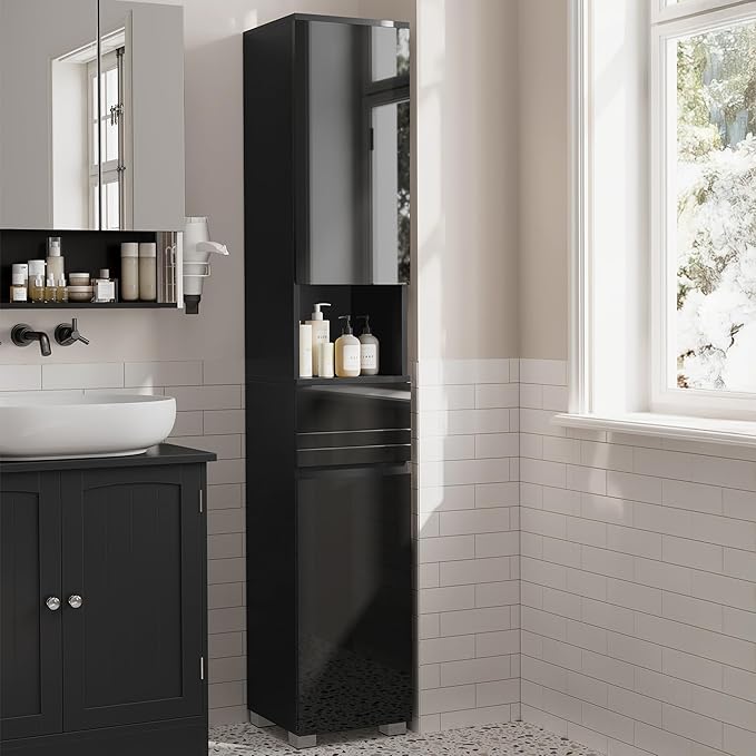 VASAGLE Tall Bathroom Cabinet, Slim Storage Cabinet, Narrow Cupboard, Bathroom Storage Unit, with a Drawer, Adjustable Shelves, 30 x 30 x 170 cm, Ink Black BBC560B01