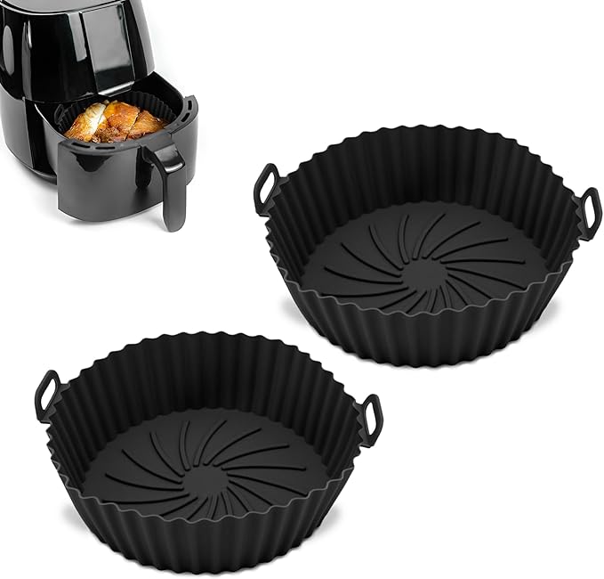 Silicone Air Fryer Liner Round - 2 Pack Reusable Heat-Resistant Pot - Replacement for Disposable Parchment Paper Liners, Greaseproof Kitchen Accessories, Compatible with COSORI, Ninja, Tower