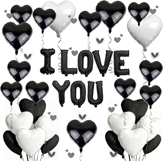 I Love You for Him/Her Balloons 31PCS Black 18 Inch Heart Balloons Banner Romantic Decoration Kit for Valentines Party Wedding Engagement Galentines Day Bridal Shower Anniversary Decor