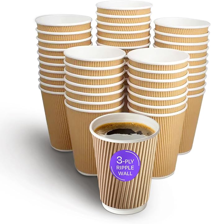 We Can Source It Ltd - 500 x 12oz Ripple Brown Kraft Paper Cups - Strong 3-PLY Disposable Insulated Coffee Cups - Leak-Proof Recyclable Drinking Cups for Hot Drinks, Tea, Coffee and Beverages