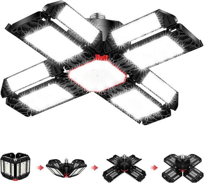 Rafow 200W LED Garage Light 1 Pack - 20000LM 6500K Deformable Ceiling Lighting Fixture with 12 Adjustable Panels - E26/E27 Bay Light for Garage | Basement | Shop | Workshop | Barn | Warehouse