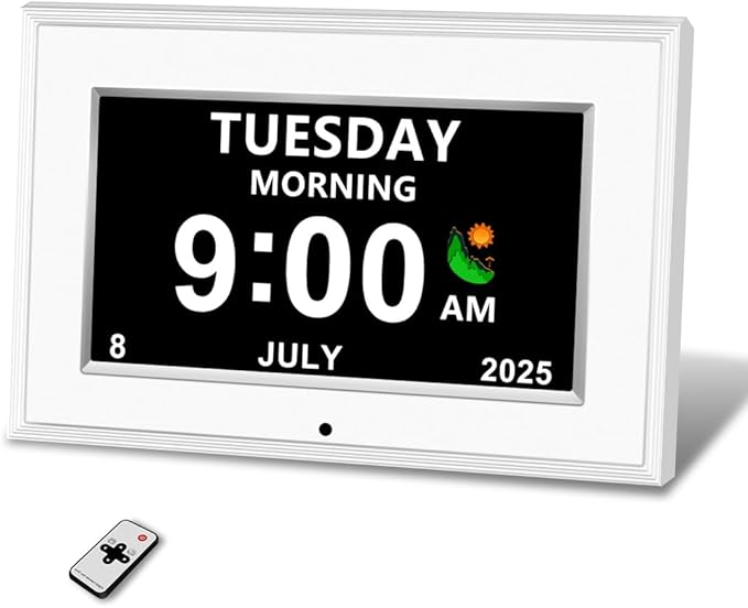 Digital Alarm Clock for Seniors - No-Abbreviation Date HD Display Auto Dimming Photo FrameWhite Noise DST Adjustment, for Elders(7inch White)