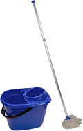 Abbey Professional Mop and Bucket Set Heavy Duty with Wringer and Two Traditional Cotton Mop Heads for Cleaning Floors – Strong Aluminum Mop Handles – Mop Bucket Capacity 12L with Pouring Lip (Blue)