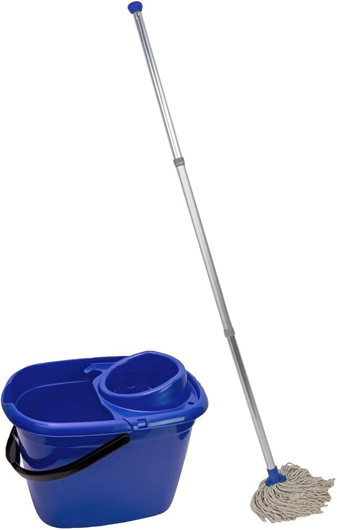 Abbey Professional Mop and Bucket Set Heavy Duty with Wringer and Two Traditional Cotton Mop Heads for Cleaning Floors – Strong Aluminum Mop Handles – Mop Bucket Capacity 12L with Pouring Lip (Blue)