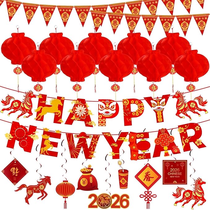 2026 Chinese New Year Decorations Banner Chinese New Year Hanging Swirl Decorations Years of Horse Festive Happy Lunar New Years Swirl Set with Vibrant Designs Spring Festival Home Party Decor, 21Pcs