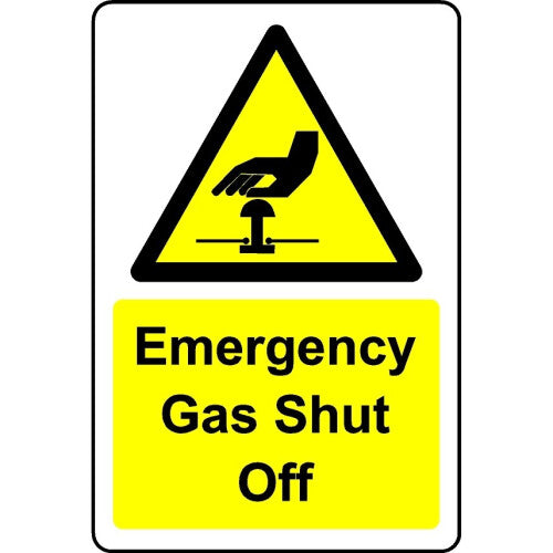 Emergency Gas Shut Off Safety Sign - 1mm Plastic, 100x150mm, Digitally Printed and Laminated, Drill/Screw or Double-Sided Tape Mount