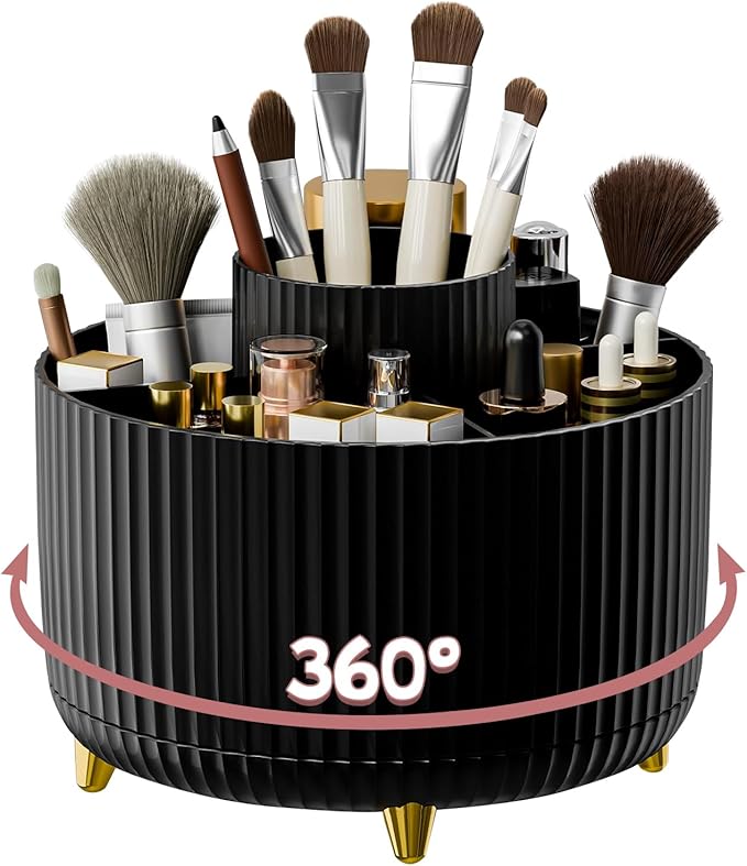 360° Rotating Makeup Organiser Makeup Brush Holder with 5 Compartments for Cosmetic Perfume Skincare Organiser Storage Box for Vanity & Dressing Table Bedroom Bathroom Office, Black